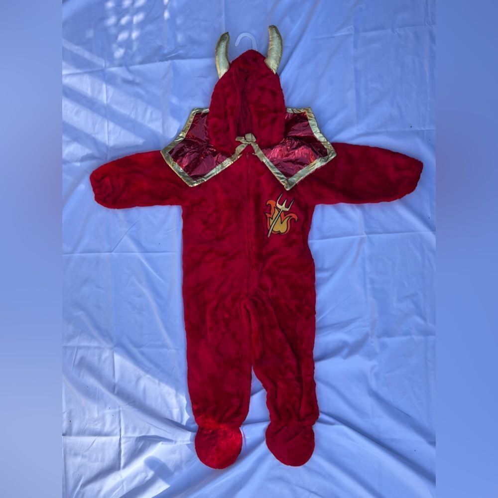 Vintage Red Devil Hooded One-Piece Costume for Kids - Plush Footed Romper
